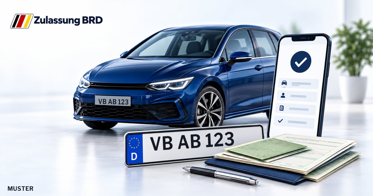 Online Fahrzeugzulassung in Alsfeld: Musterkennzeichen VB AB 123, Auto und Fahrzeugpapiere und Smartphone. Illustration mit Logo von Zulassung BRD.